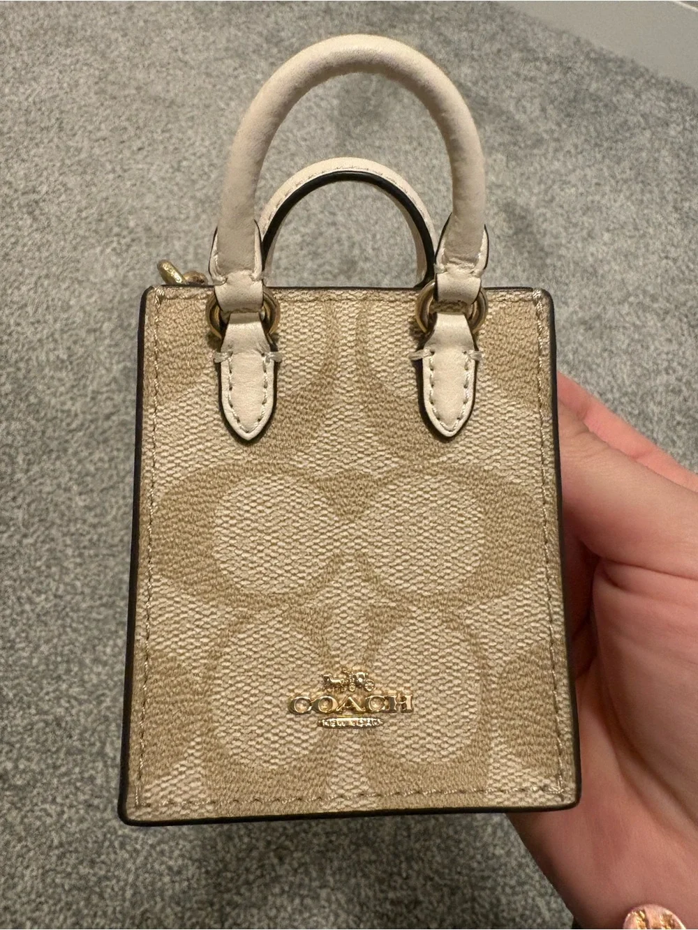 COACH Signature Mini Tote Bag Charm Tan and Cream - Picture 2 of 7